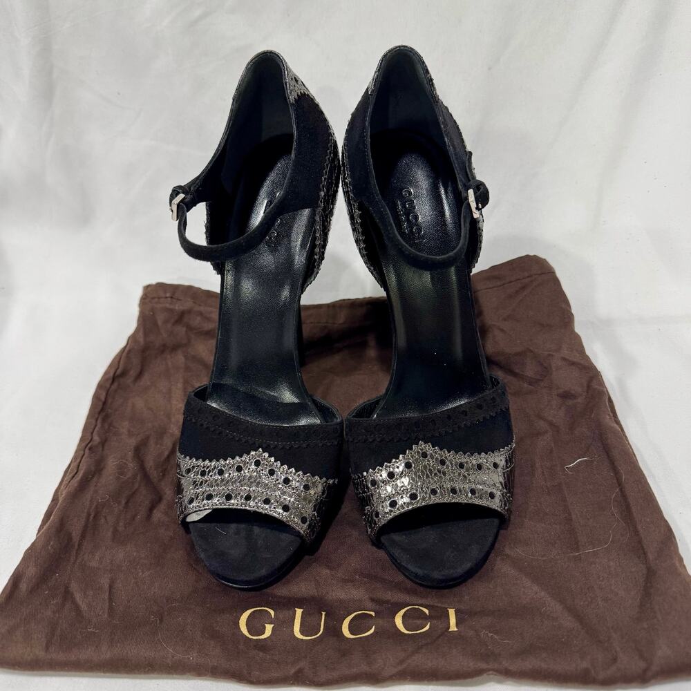 Gucci Black Suede Metallic Python Brogue Ankle Strap Heels 39 - Picture 2 of 10